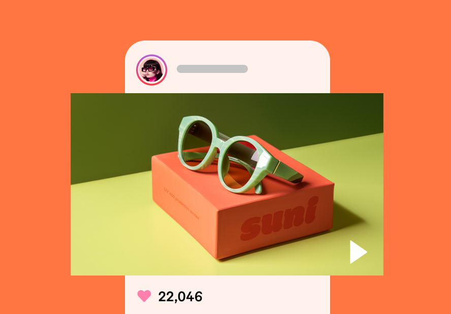 Green sunglasses on orange 'suni' box, displayed in a social media post with high engagement