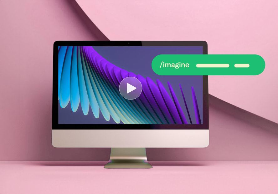 Desktop screen displaying a colorful abstract image with a play button overlay and '/imagine' command prompt