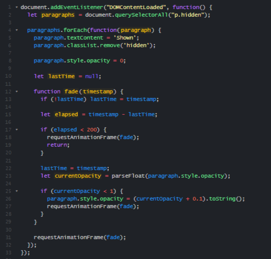 JavaScript code sample to animate a paragraph’s opacity.