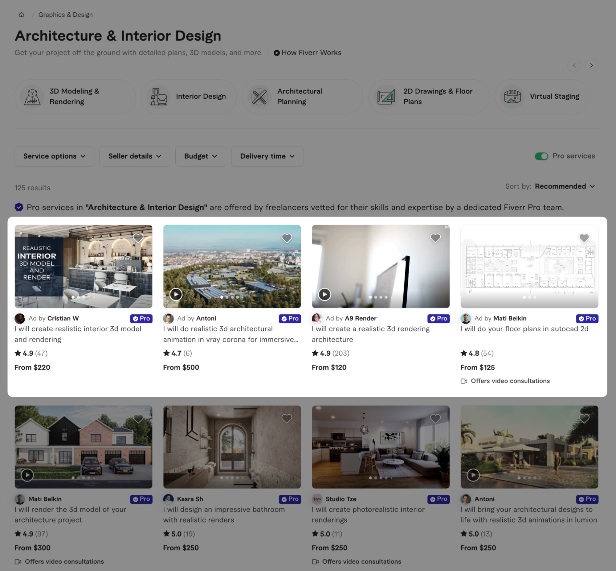 Fiverr page showing architecture and interior design services, including 3D modeling, rendering, and floor plans