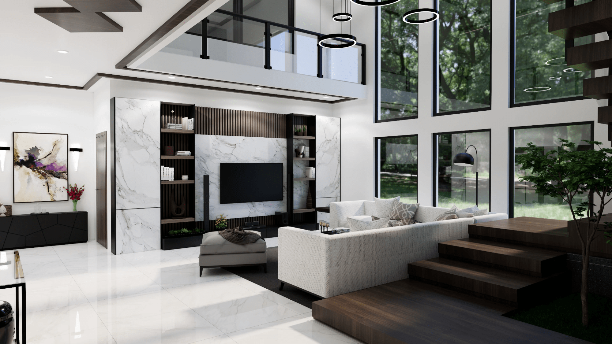 Modern living room interior with large windows, a marble feature wall, and elegant furniture