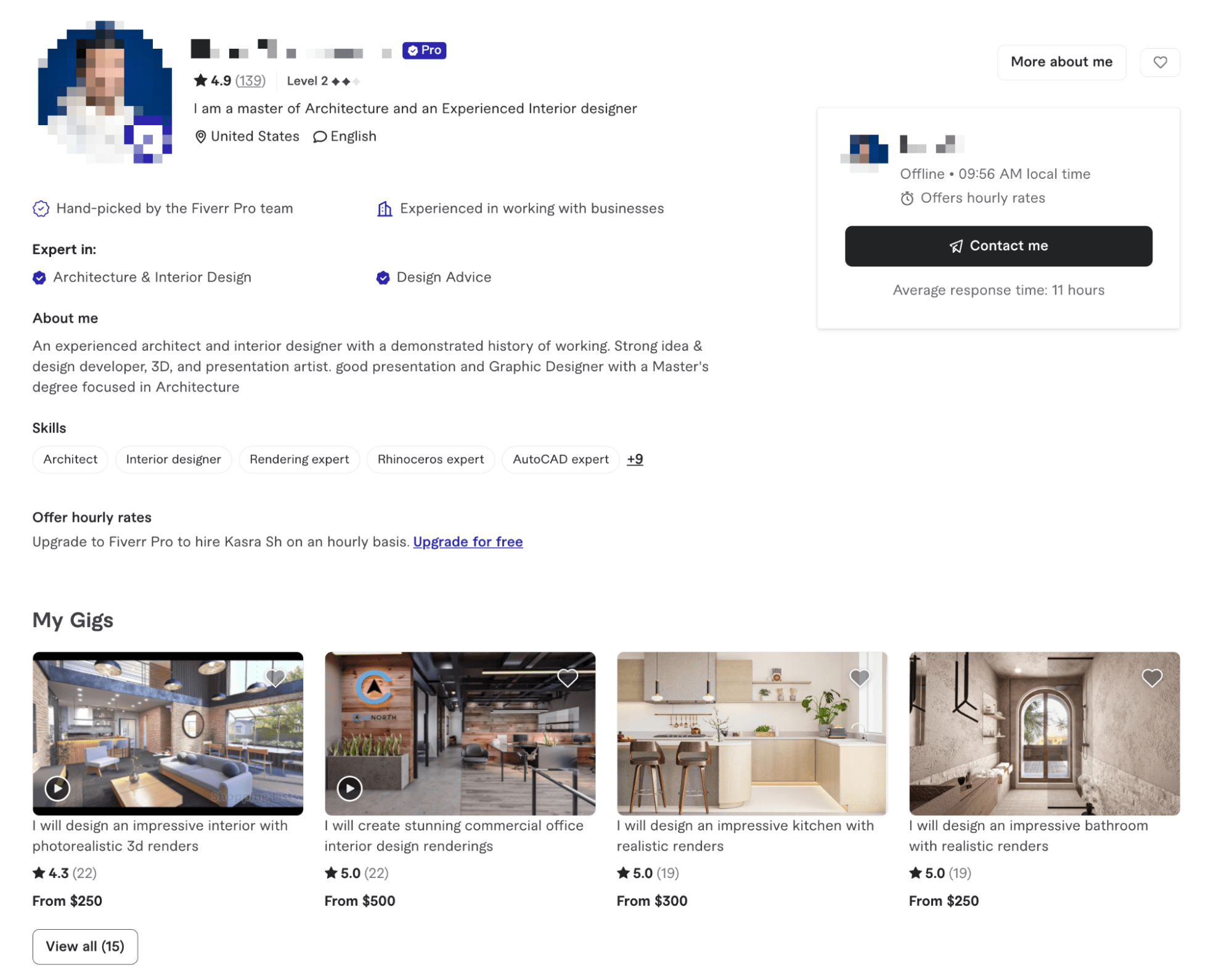 Fiverr Pro profile of an architect and interior designer showcasing skills, services, and design rendering gigs