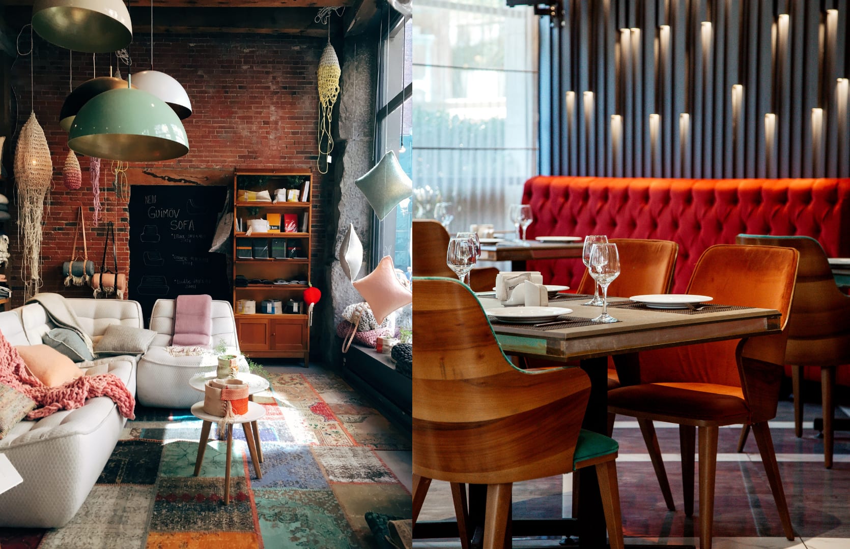 Side-by-side interiors featuring a cozy living space with modern decor and an upscale restaurant setting