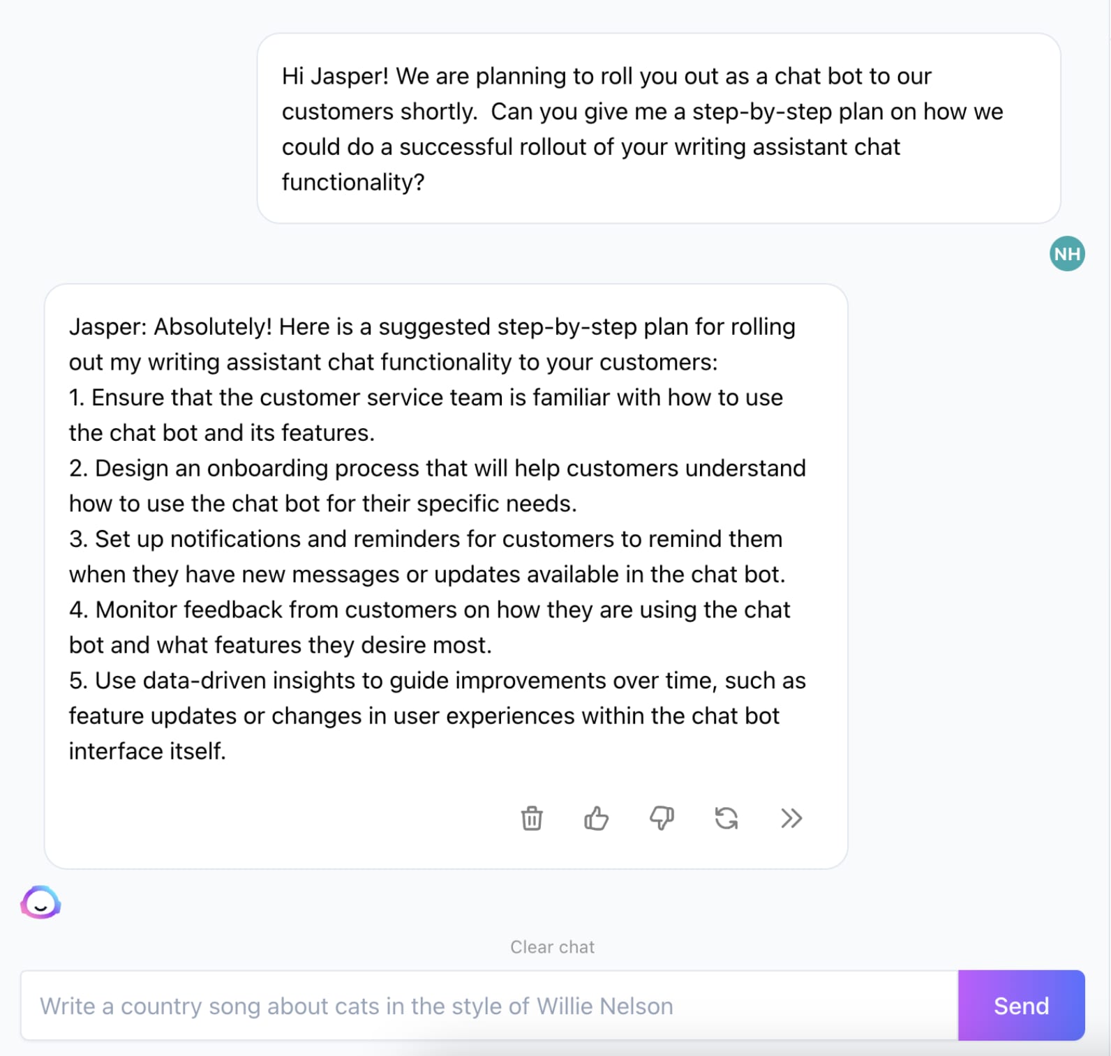 A screenshot showing a conversation with Jasper’s AI chatbot.