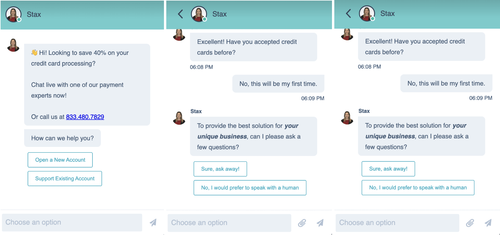 A screenshot showing a conversation with Stax Payments’ AI chatbot.