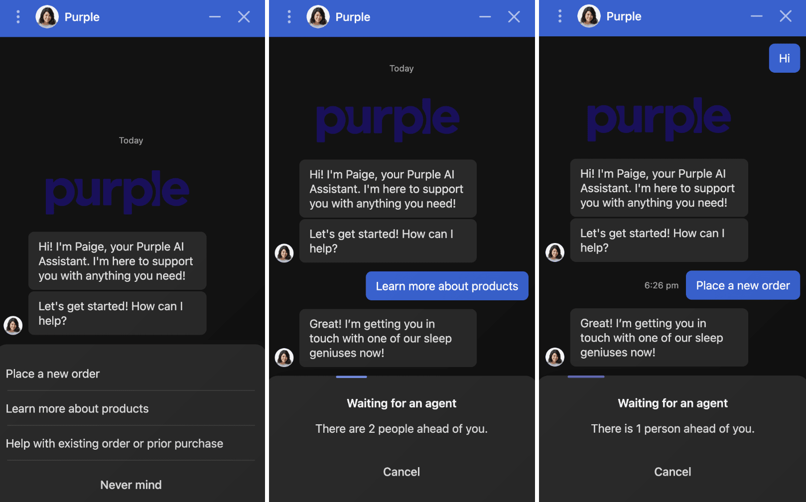 A screenshot showing a conversation with Purple Mattress’ AI chatbot
