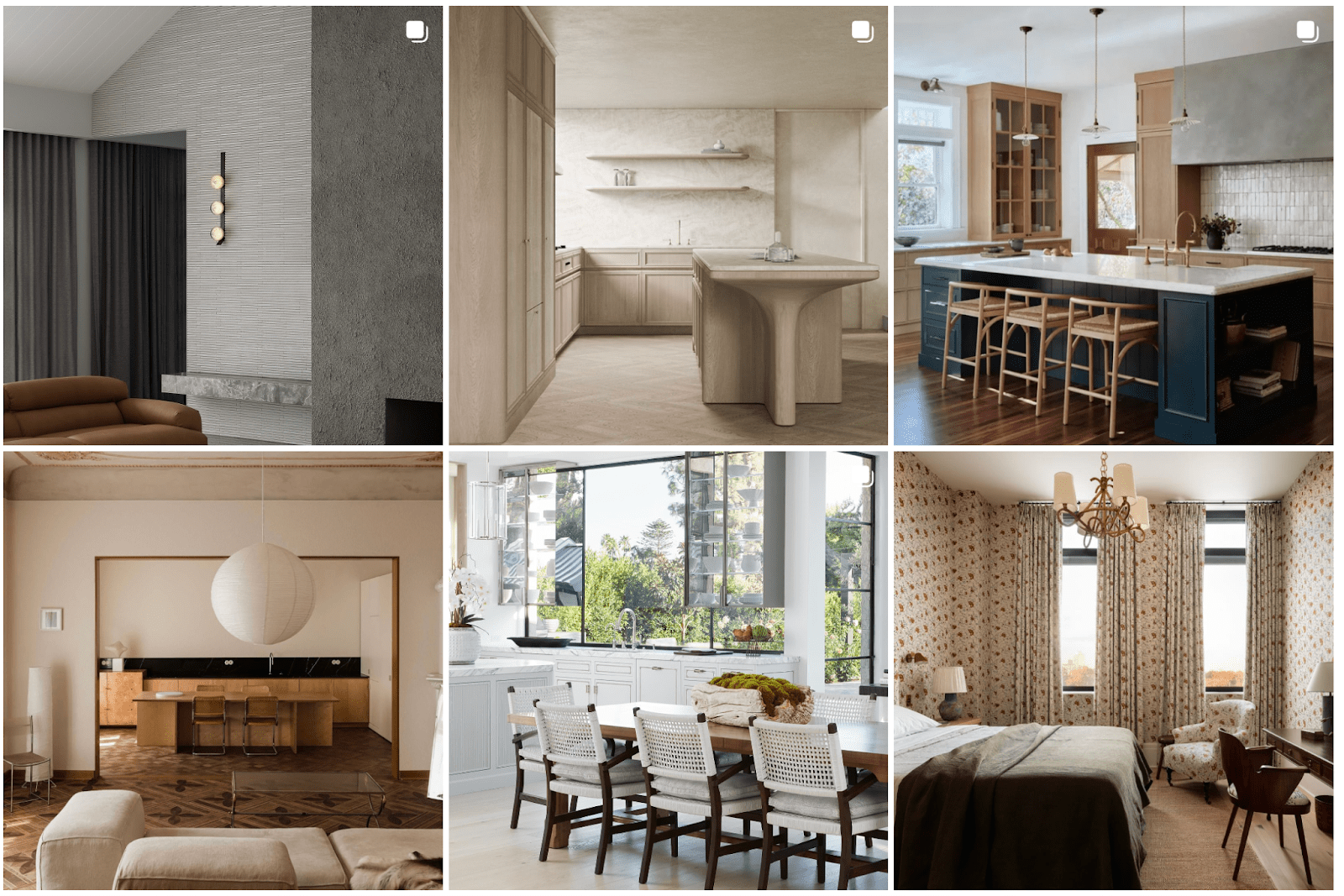 Various room interiors showcasing modern minimalist design and neutral color palettes