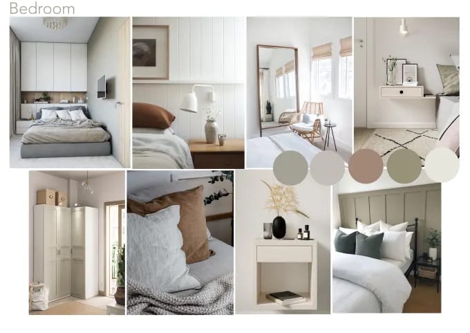 Bedroom design mood board with neutral color palette and cozy minimalist decor