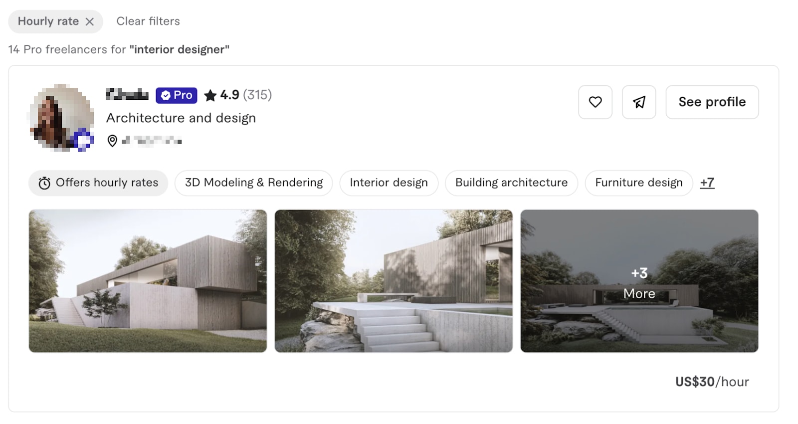 Interior designer's profile on Fiverr showcasing minimalist modern architecture designs