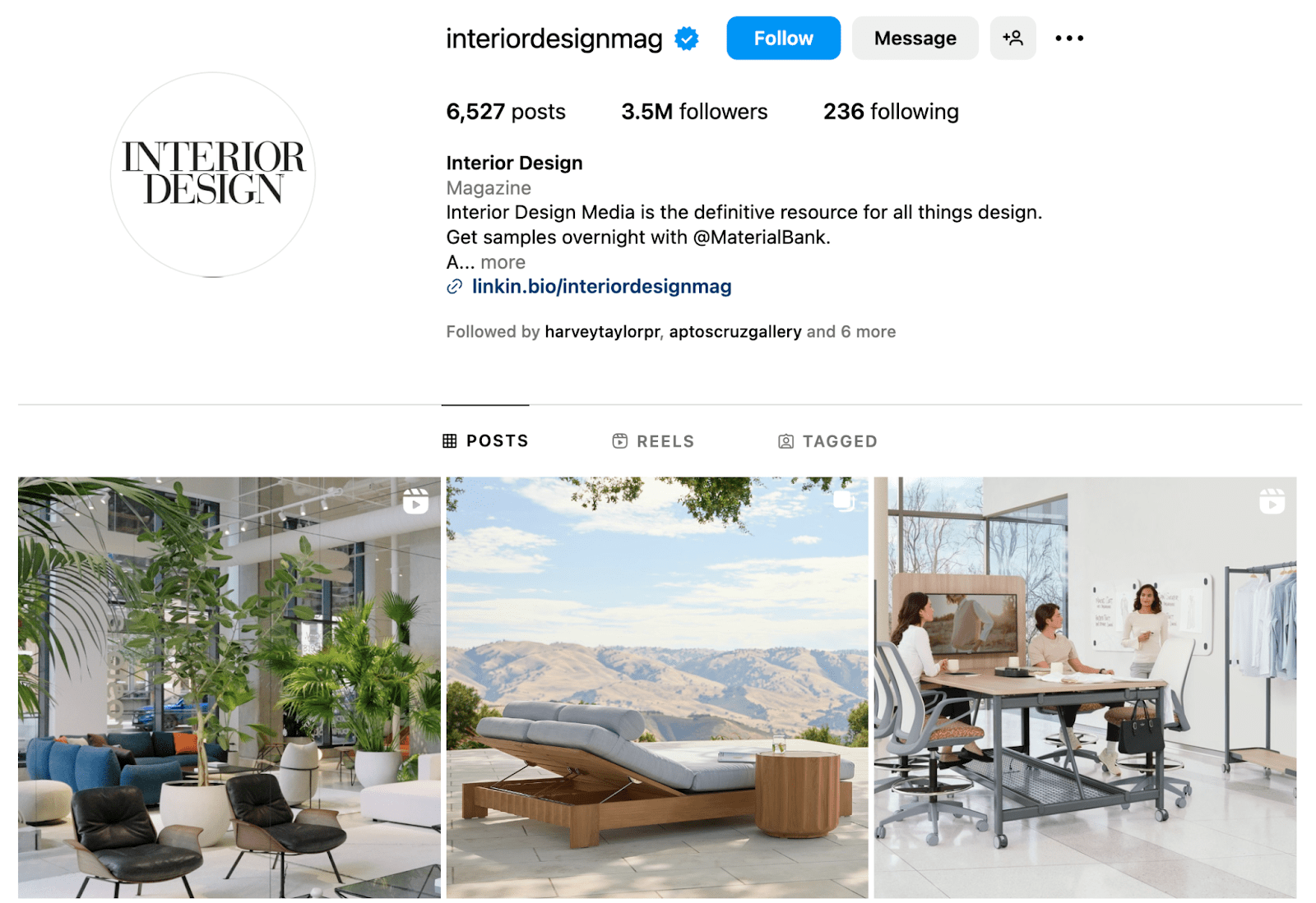 Interior Design Magazine Instagram profile showing various modern and minimalist room setups