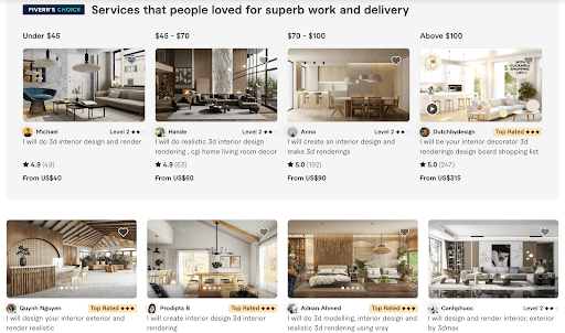 Freelance interior designers offering 3D rendering and design services at various price points
