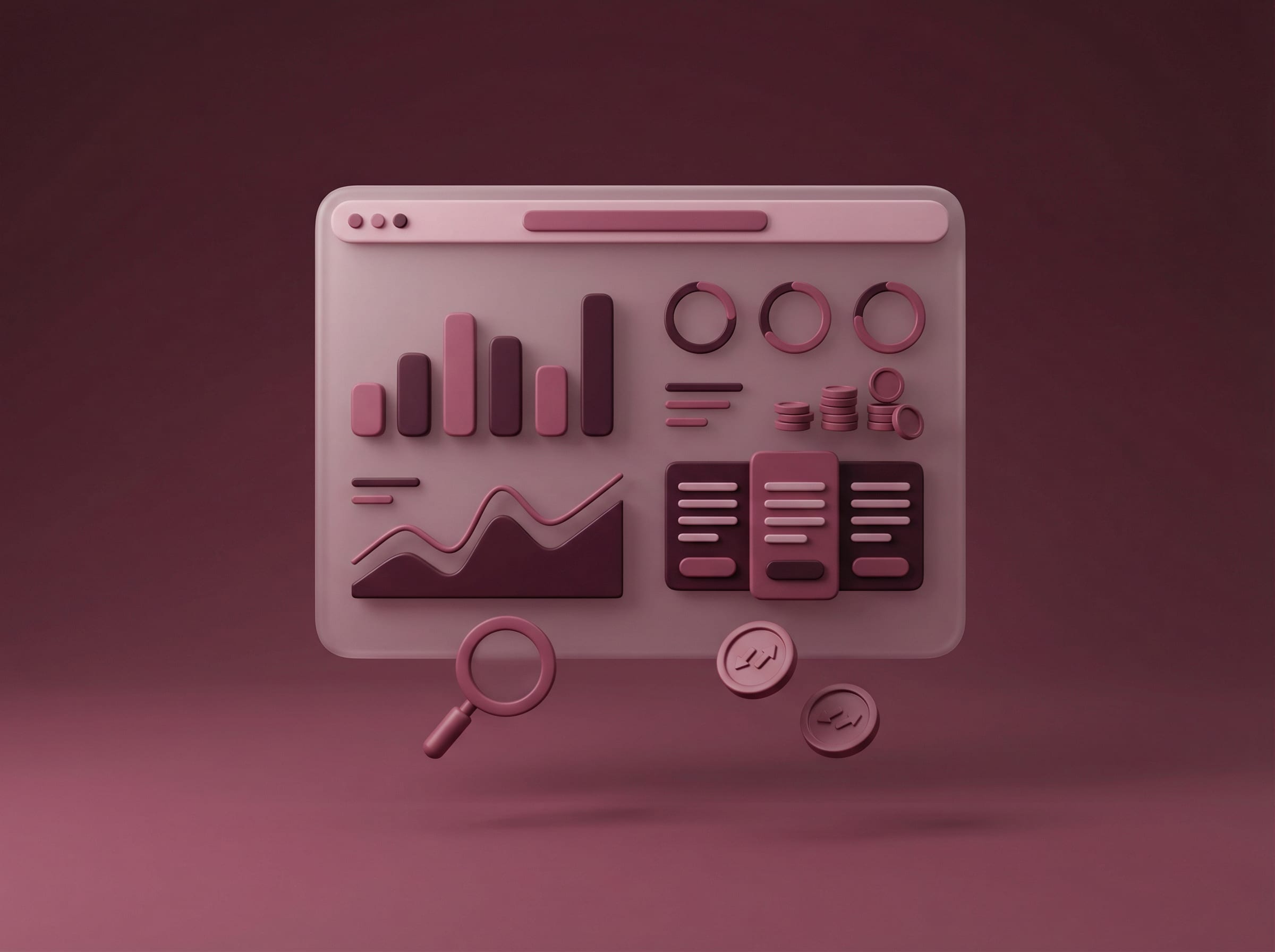3D illustration of an analytics dashboard with charts, reports, coins, and a magnifying glass