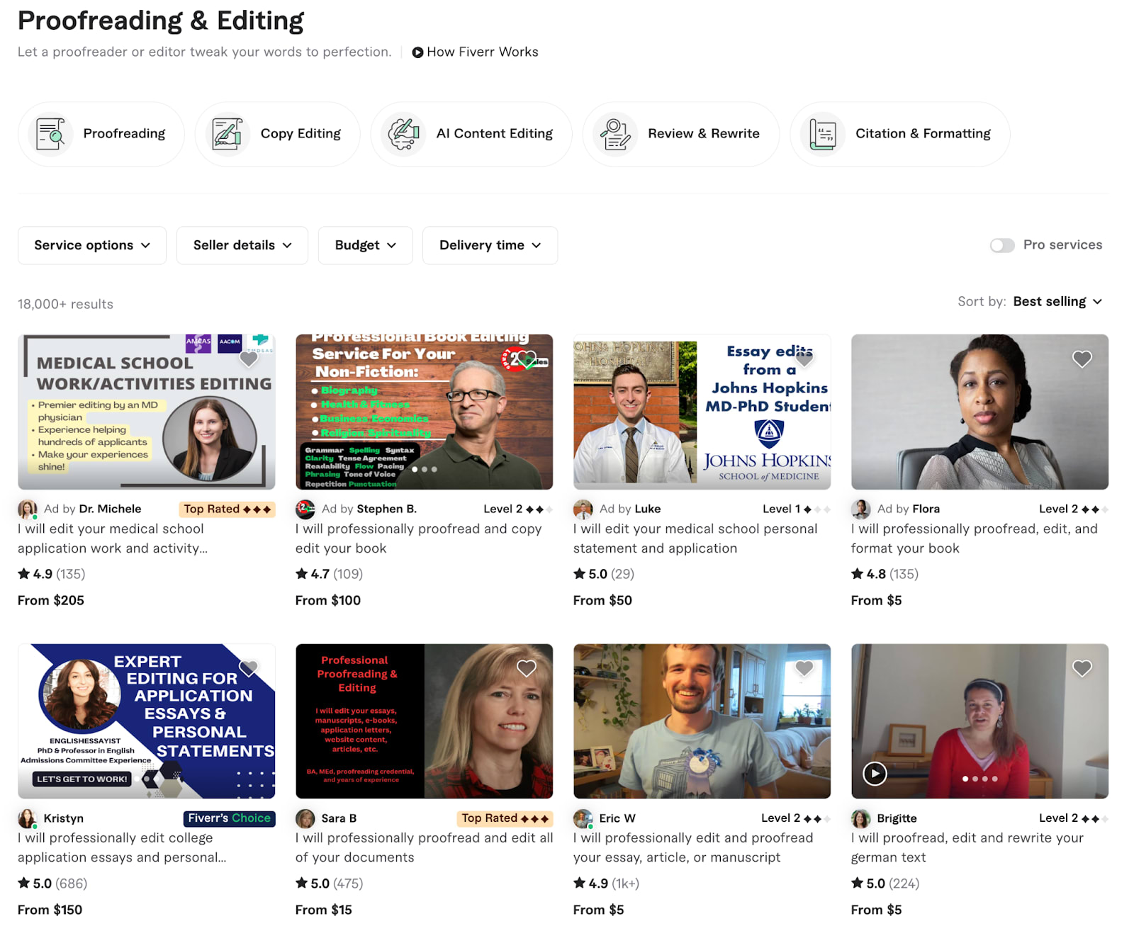 A screenshot showing Fiverr’s available editing services