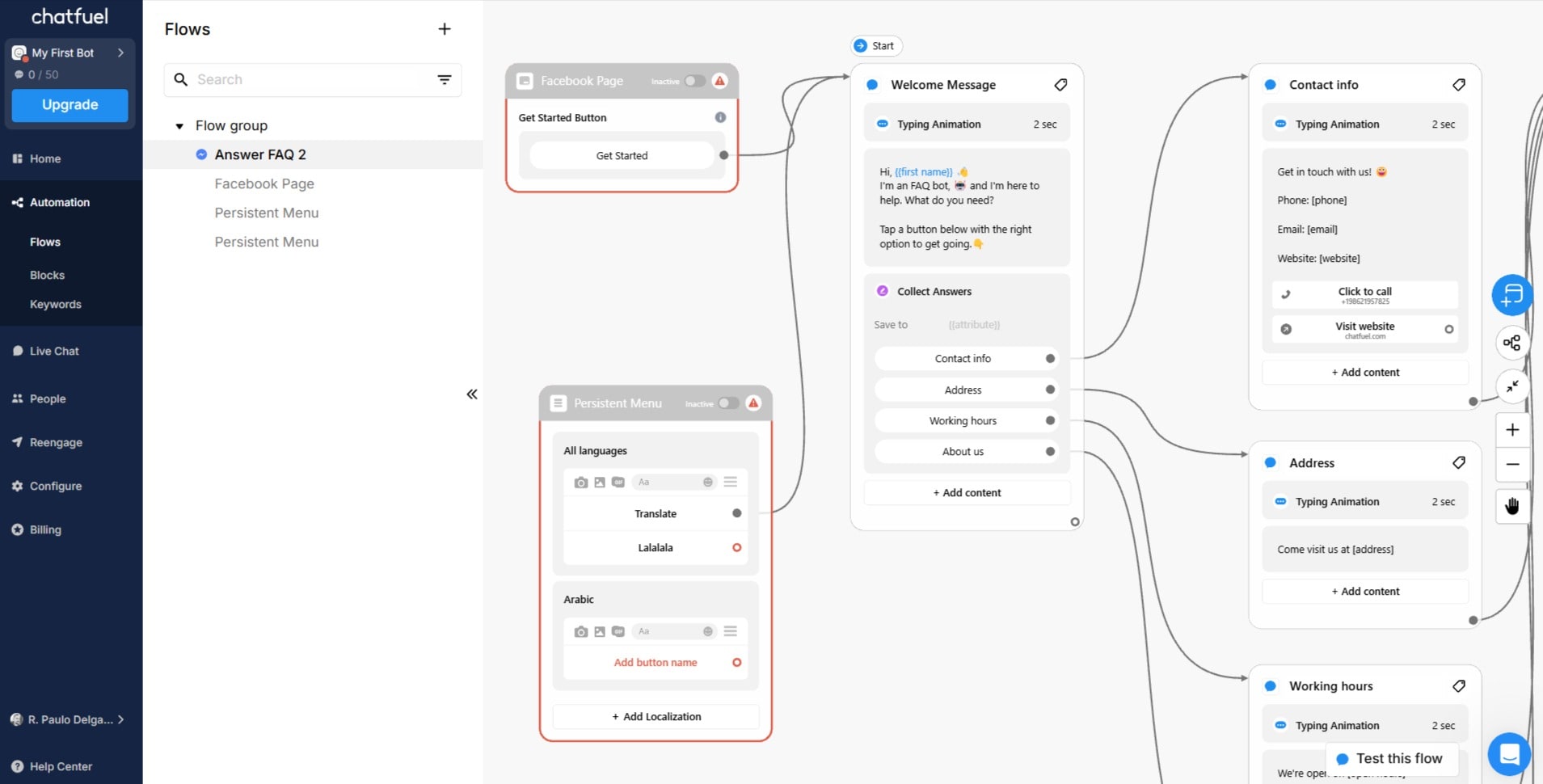 A rules-based bot workflow on the Chatfuel website