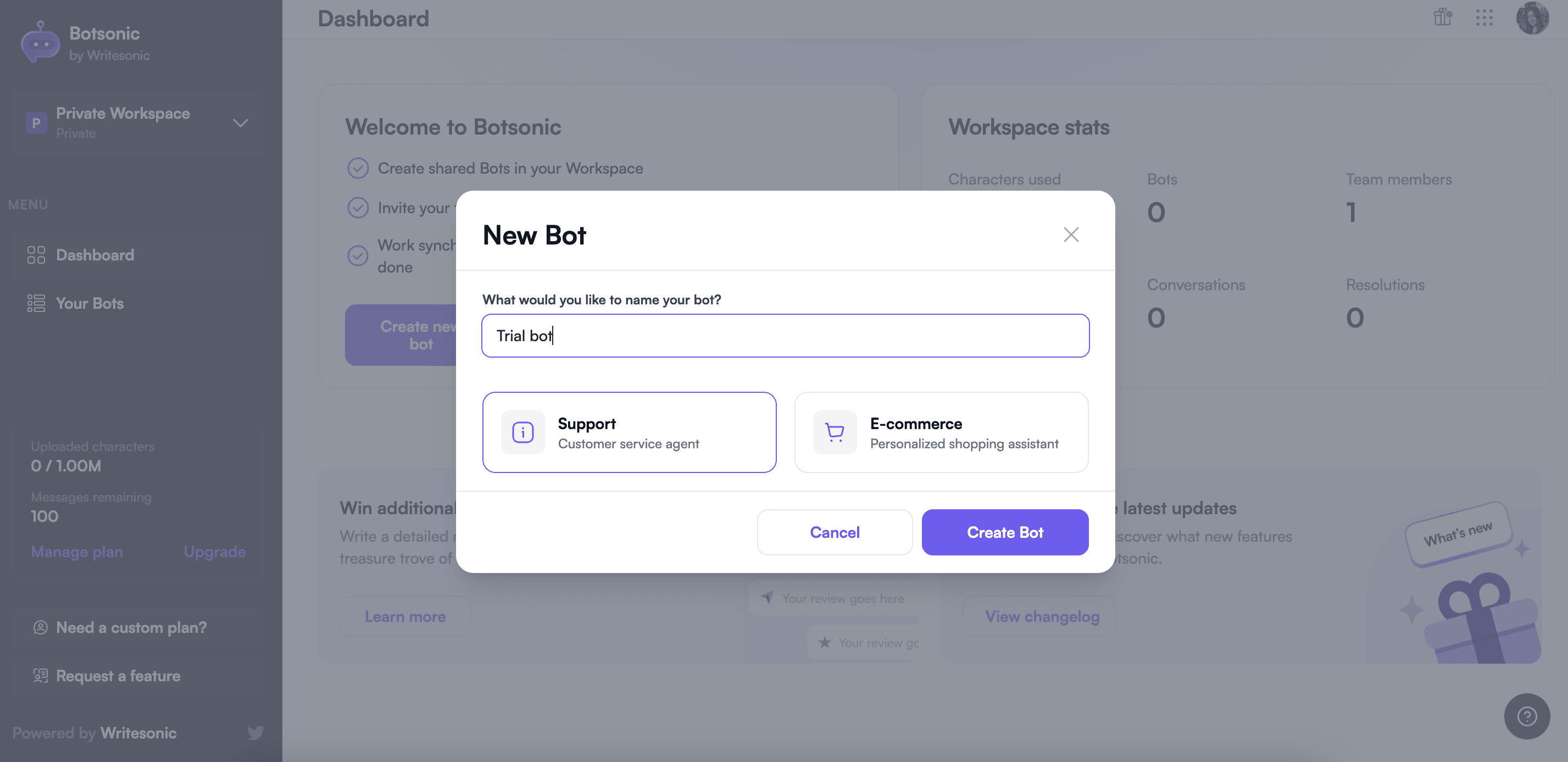 Create new bot pop-up on Botsonic
