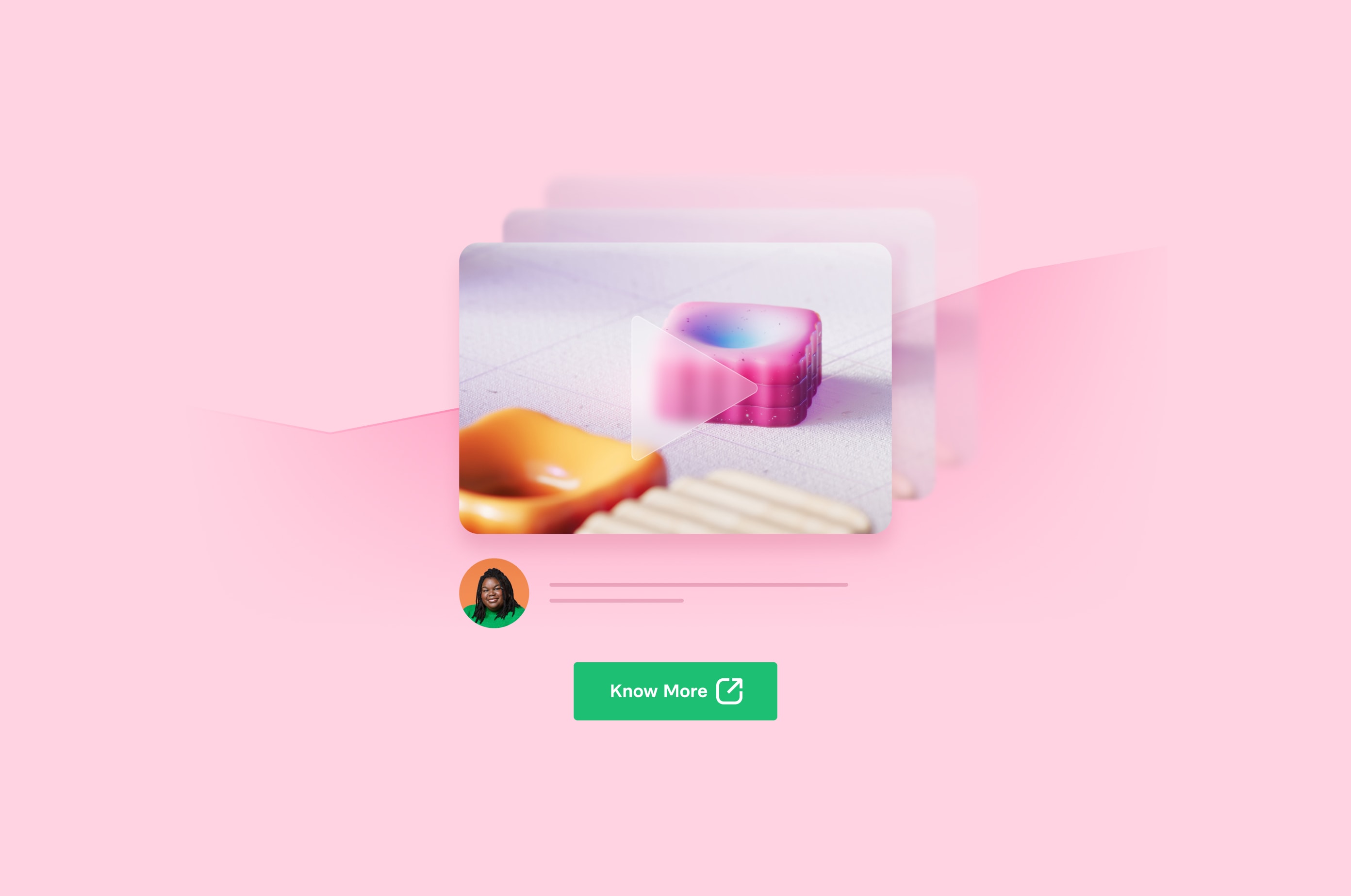 Colorful video thumbnail with a play button overlay on a pink background, accompanied by a profile image and 'Know More' button below
