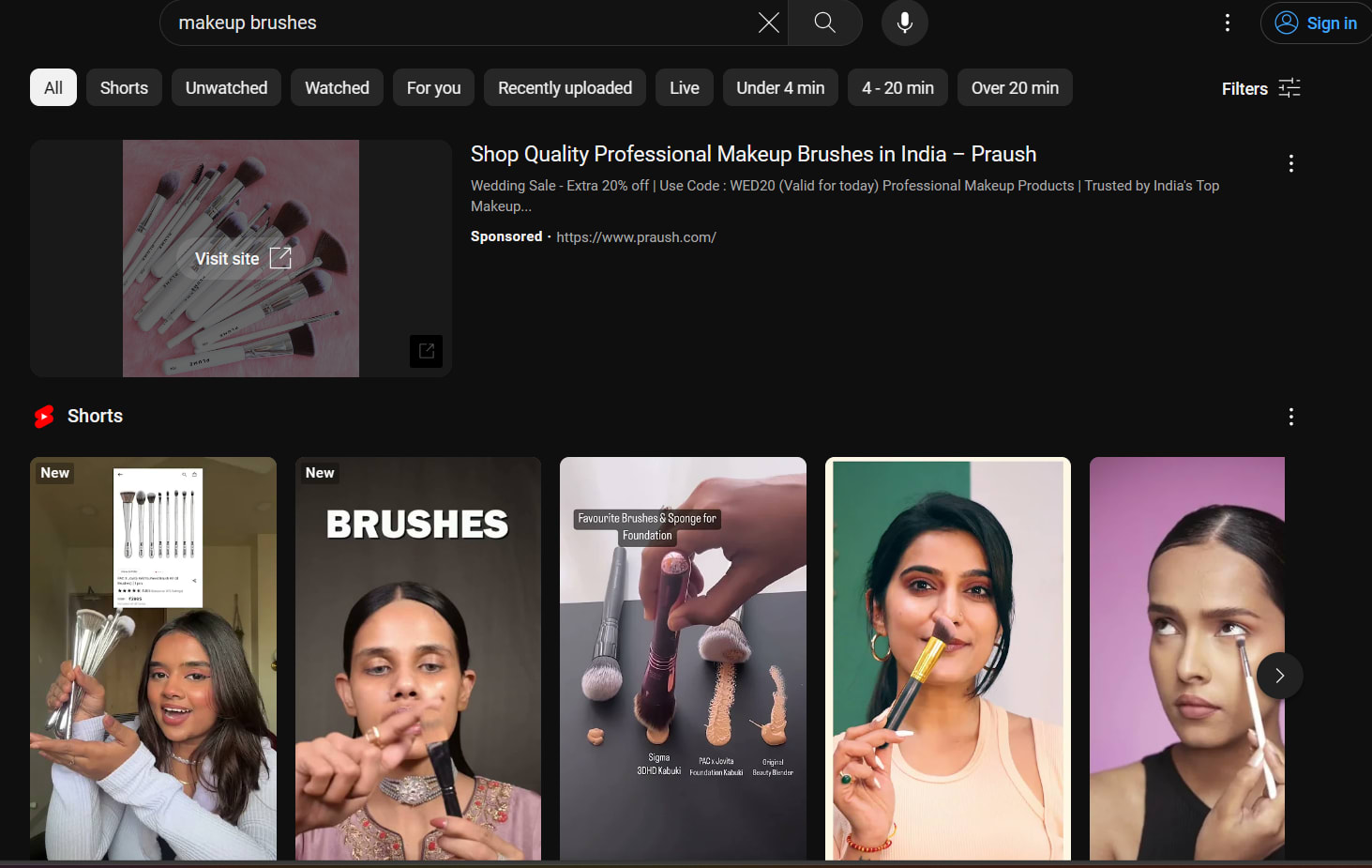 An example of an in-feed video ad for a makeup product company that appears when you search for “makeup brushes” on YouTube.