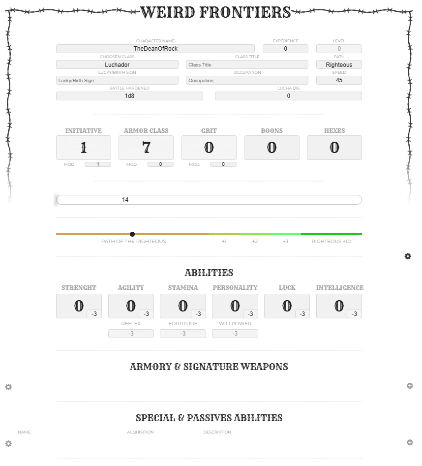 Weird Frontiers - Character Sheet