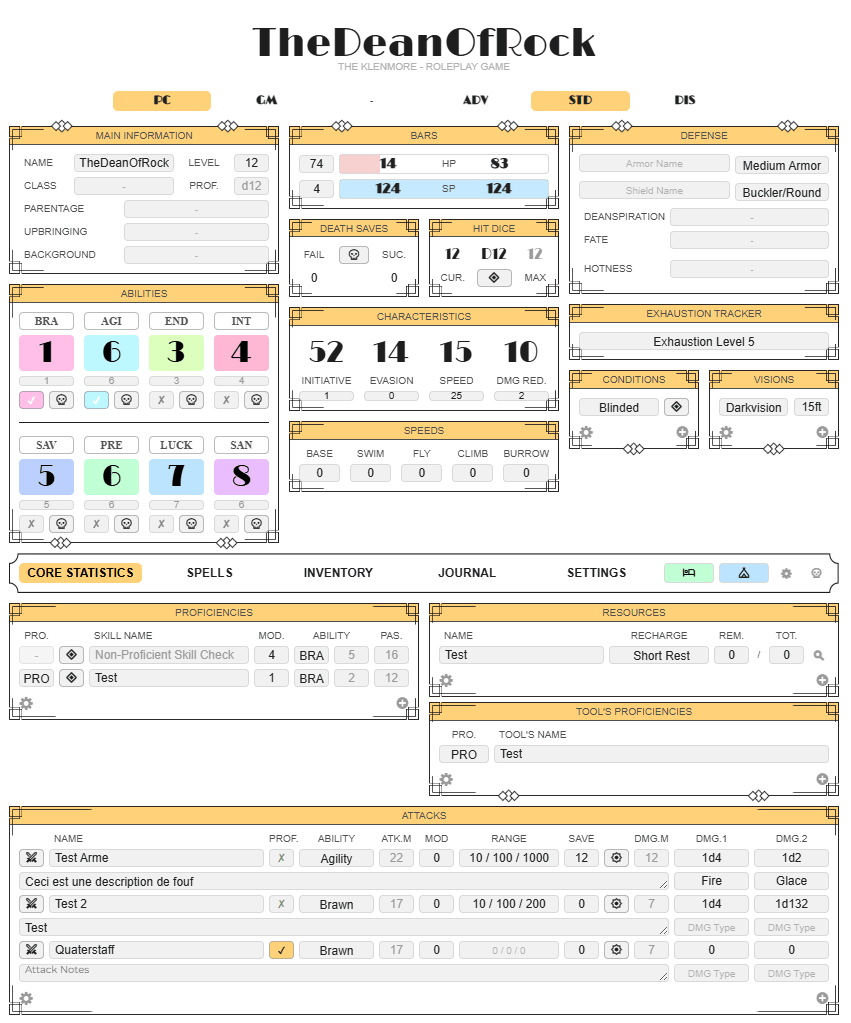 The Klenmore RPG - Character Sheet