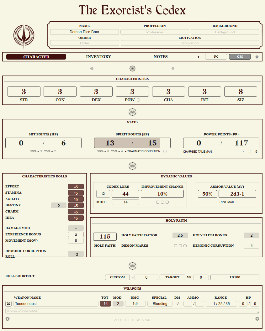 The Exorcist Codex - Character Sheet