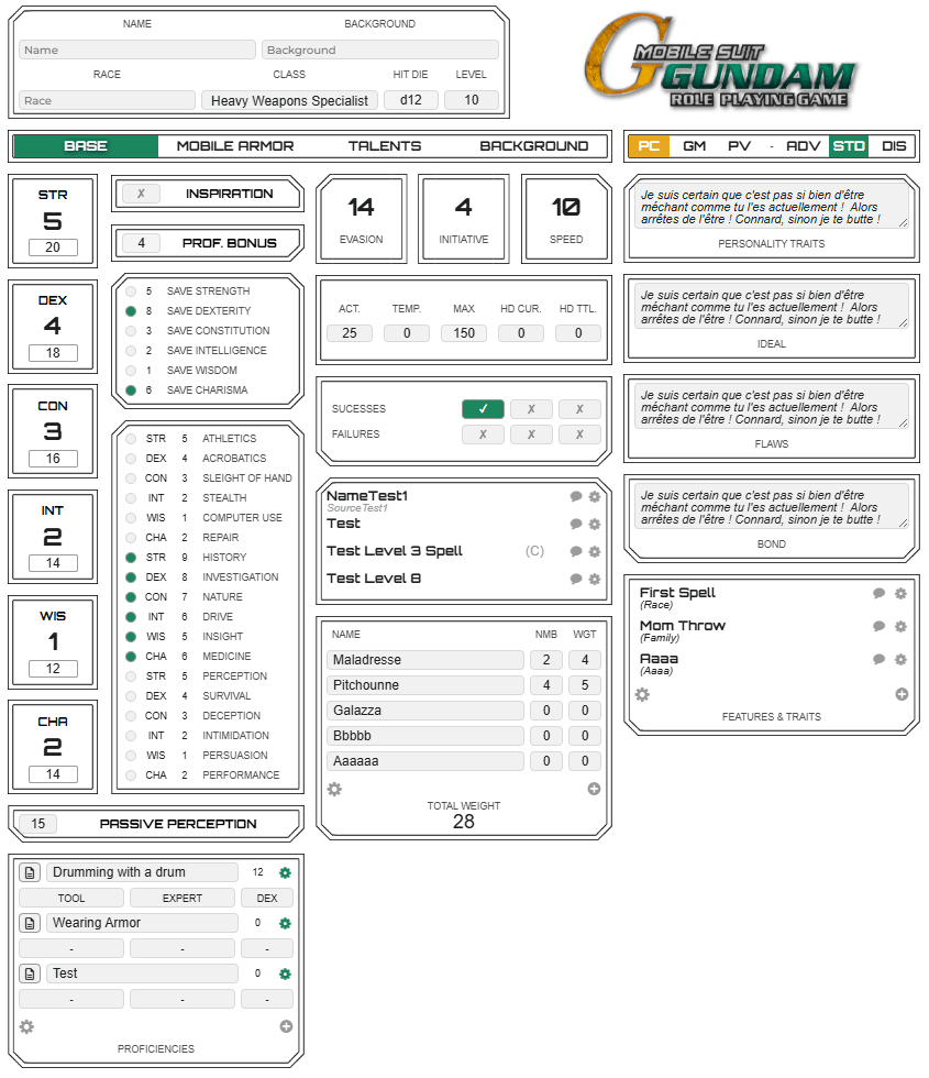 Gundam Mobile Suit RPG - Character Sheet