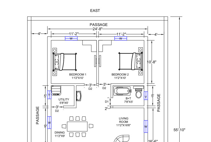 Autocad 2bhk floorplan with free elevation by Eravinash49