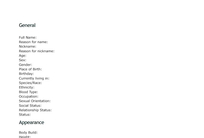 create a detailed character information sheet