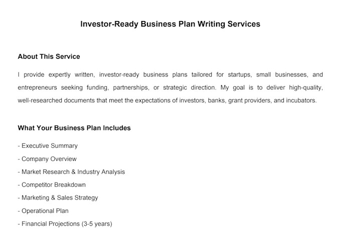write an investor ready business plan with financial projections