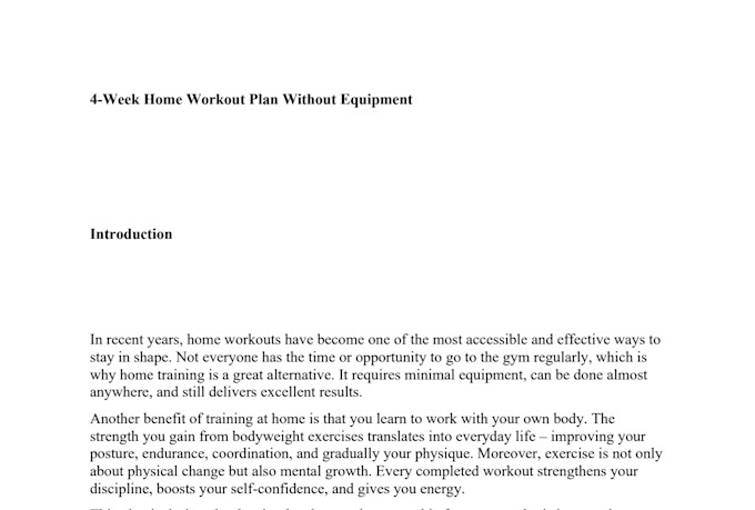 create a 4 week home workout ebook without equipment
