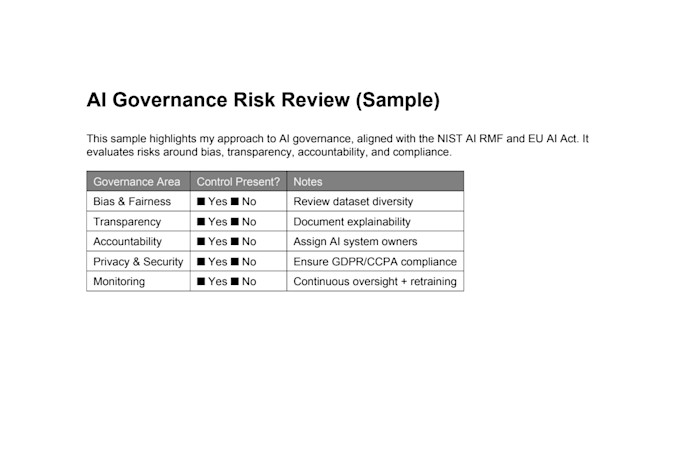 create ai governance frameworks, risk scoring, and compliance checklists