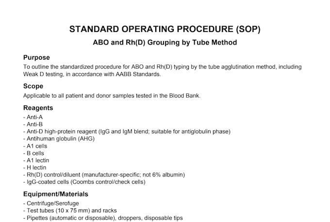 write blood bank sops and cap accreditation documents