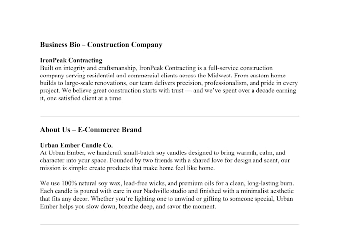 write a professional business bio or about page