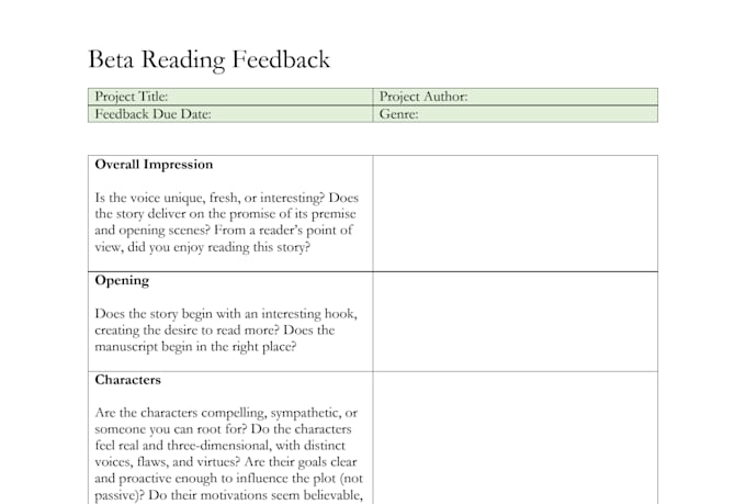 Beta Reader Report Example Beta read your fiction novel by Hannah_flood | Fiverr