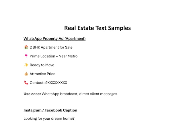 write real estate captions and whatsapp property ads