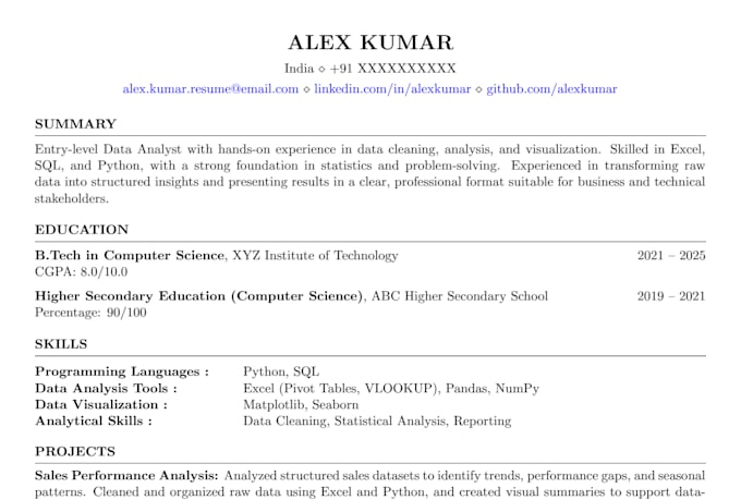 write an ats optimized resume for tech, fresher and professionals