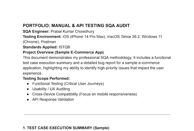 be your sqa engineer for manual testing, bug reporting, and usability audit