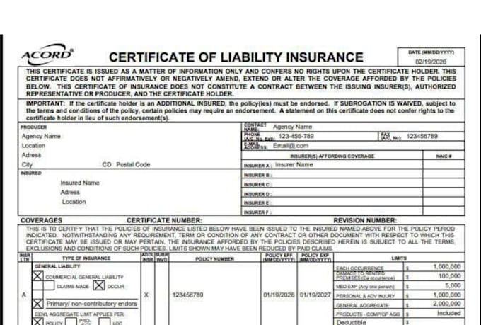 prepare commercial insurance coi, acord ,worker compensation and endorsment