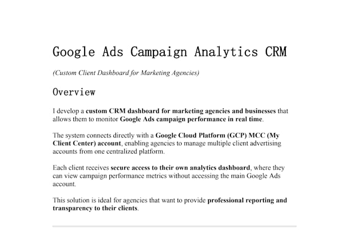 develop a custom CRM with google ads integration and portals