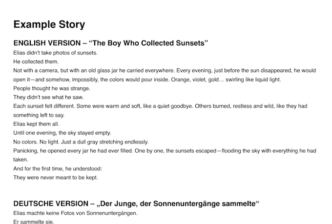 write custom short stories in english or german