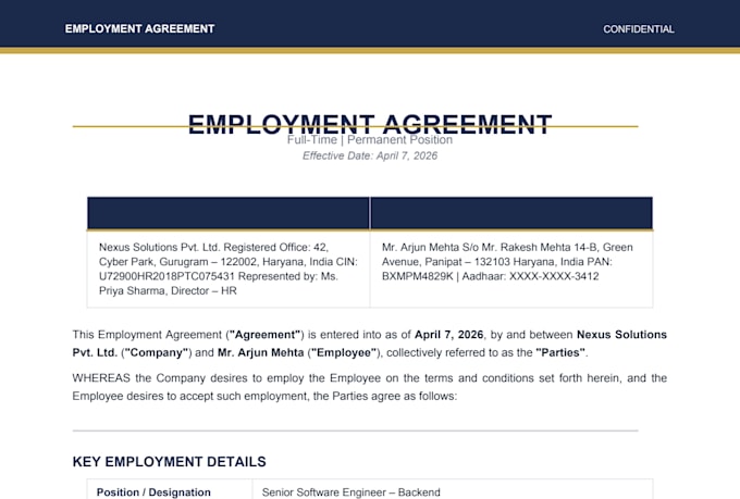 draft professional employment agreement and job contract