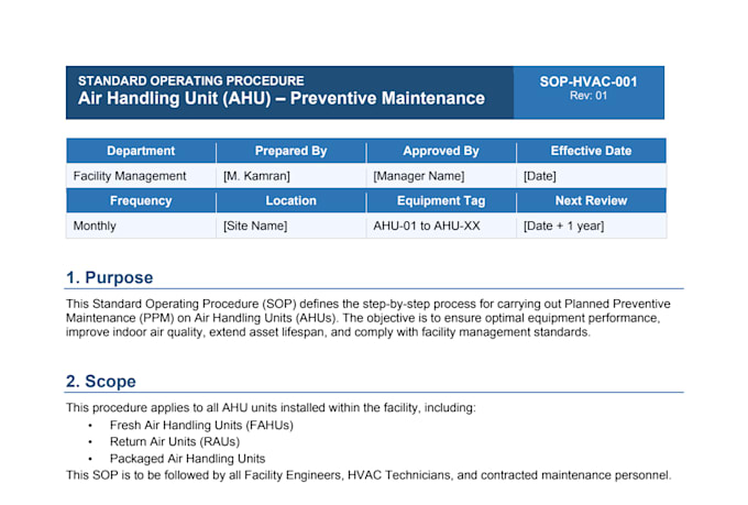 write professional facility management sops, ppm checklists