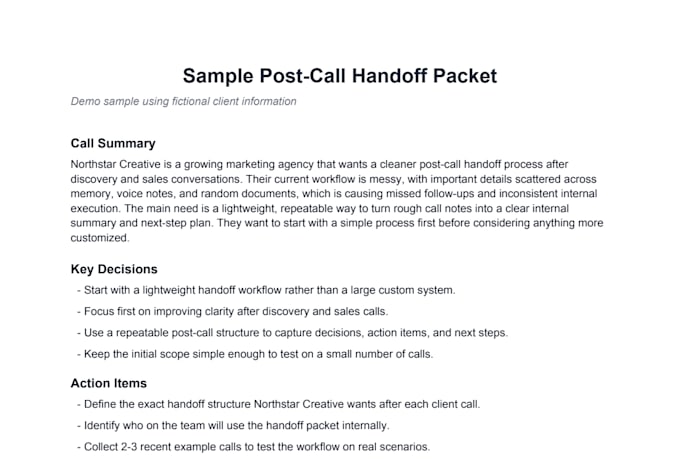 turn rough client call notes into a clean handoff packet
