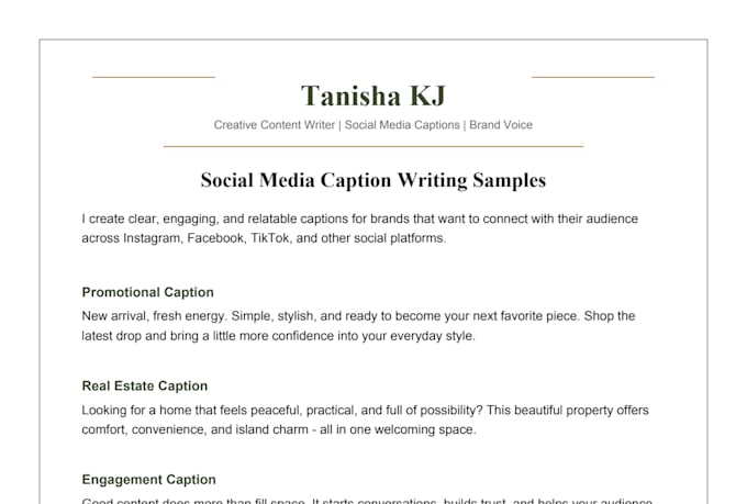 Write engaging social media captions for your brand by Tanisha_kj | Fiverr