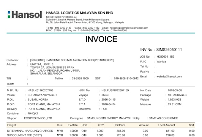invoice processing and shipment documentation ,for logistics