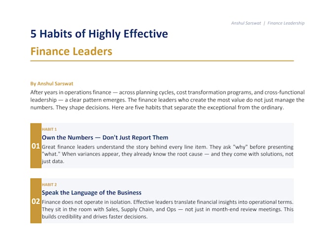 write expert articles on operational finance, discipline and process improvement