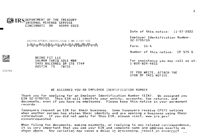 get ein number with cp575 verification letter from irs