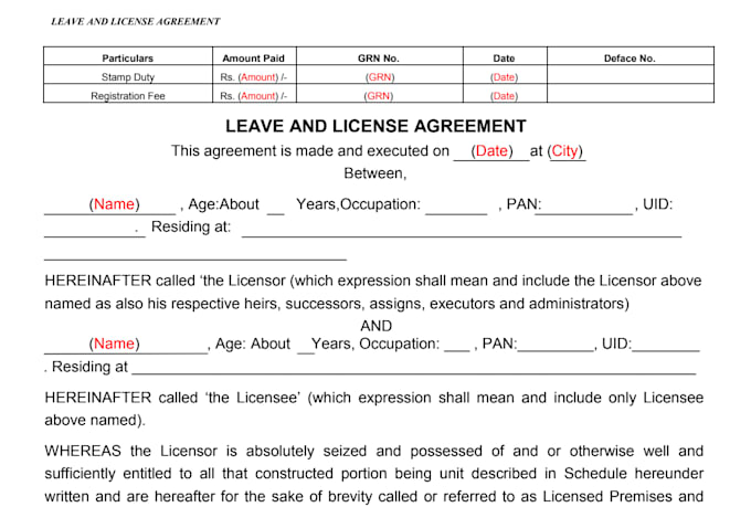 prepare leave and licence agreement for you