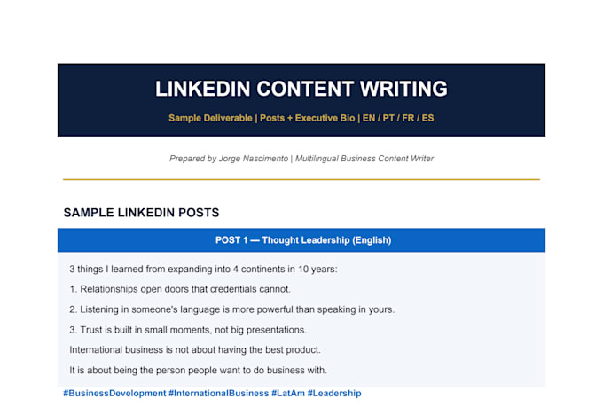 write professional linkedin content and bios for executives and entrepreneurs