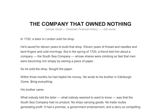 write a cinematic financial history script