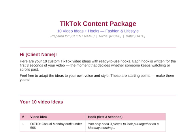 write 10 custom tiktok video ideas with scroll stopping hooks